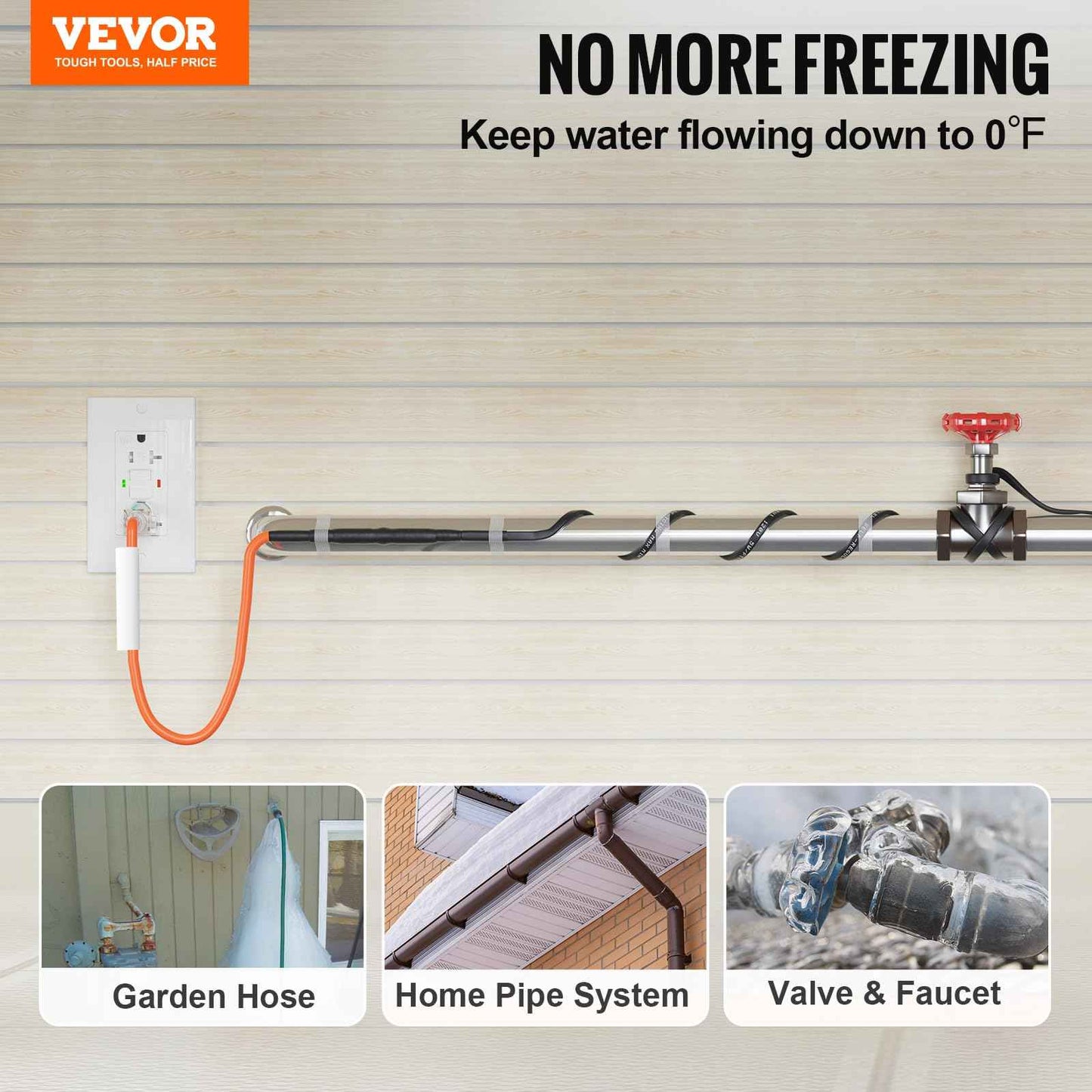 VEVOR Self-Regulating Pipe Heating Cable, 15FT 5W/FT Heat Tape for Pipes Freeze Protection, Water Pipe Heat Cable with Built-in Thermostat Protects PVC Hose, Metal and Plastic Pipe from Freezing