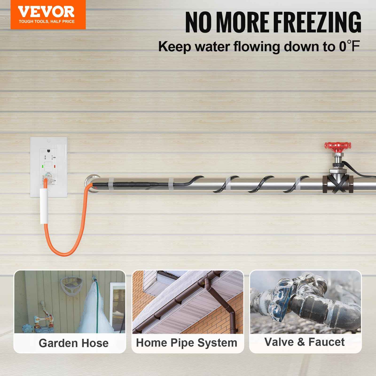 VEVOR Self-Regulating Pipe Heating Cable, 15FT 5W/FT Heat Tape for Pipes Freeze Protection, Water Pipe Heat Cable with Built-in Thermostat Protects PVC Hose, Metal and Plastic Pipe from Freezing