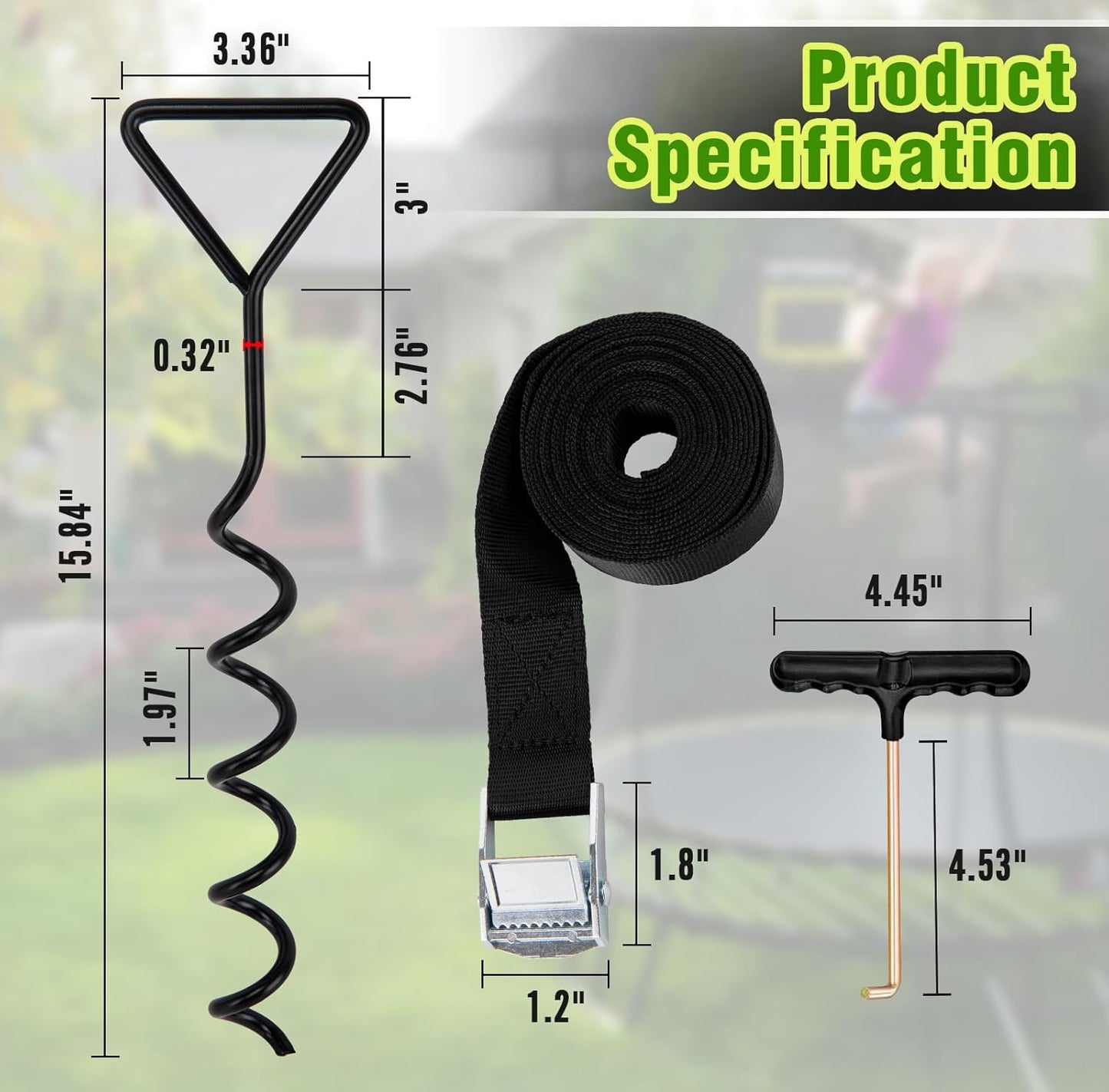 Trampoline Tie Down Anchor Kit by [Brand Name] - Heavy Duty Steel Stakes for High Wind | Set of 4
