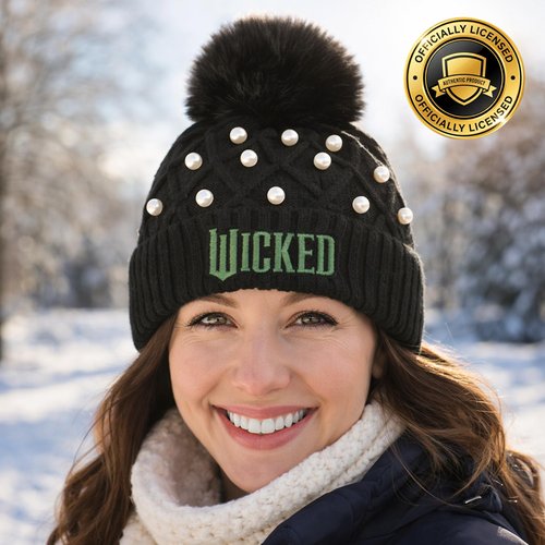 Bioworld Wicked Logo & Pearl Appliques Black Cuff Beanie