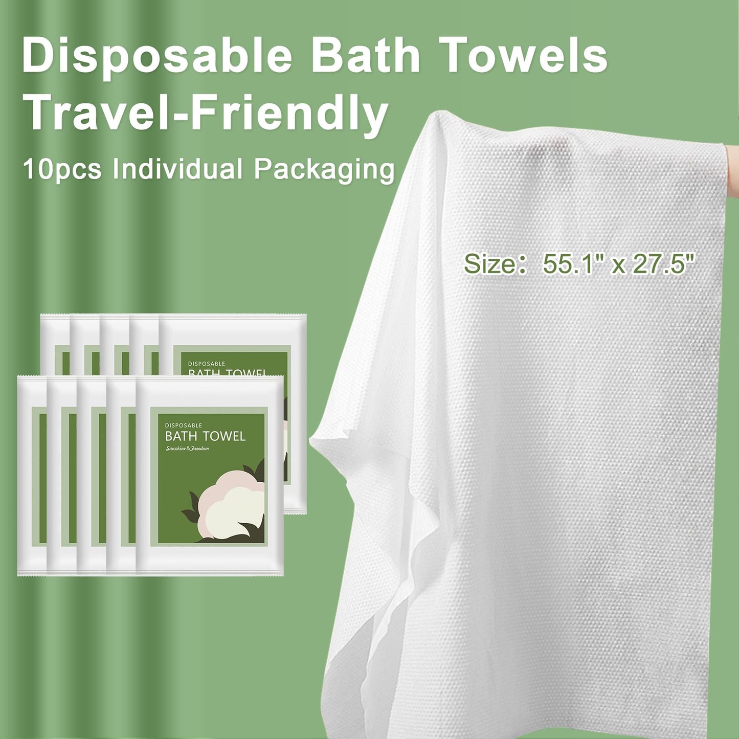 Tvvcalk Disposable Bath Towels, 10 Pack 55" x 27.5" Ultra Soft, Quick Dry Disposable Body Towel, Portable Travel Towel for Hotel Camping Beach Swimming Gym Sauna Spa, Personal Care Pet Towels