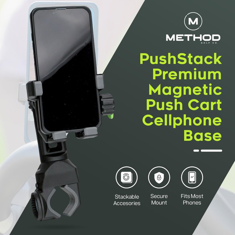 Method Golf PushStack Pro Pack- Magnetic Phone Holder for Golf Push Cart Plus Rangefinder Magnetic Strap, MagStack Microfiber Towel and Club Brush with MagStack Tile- Universal Fit for Most Phones