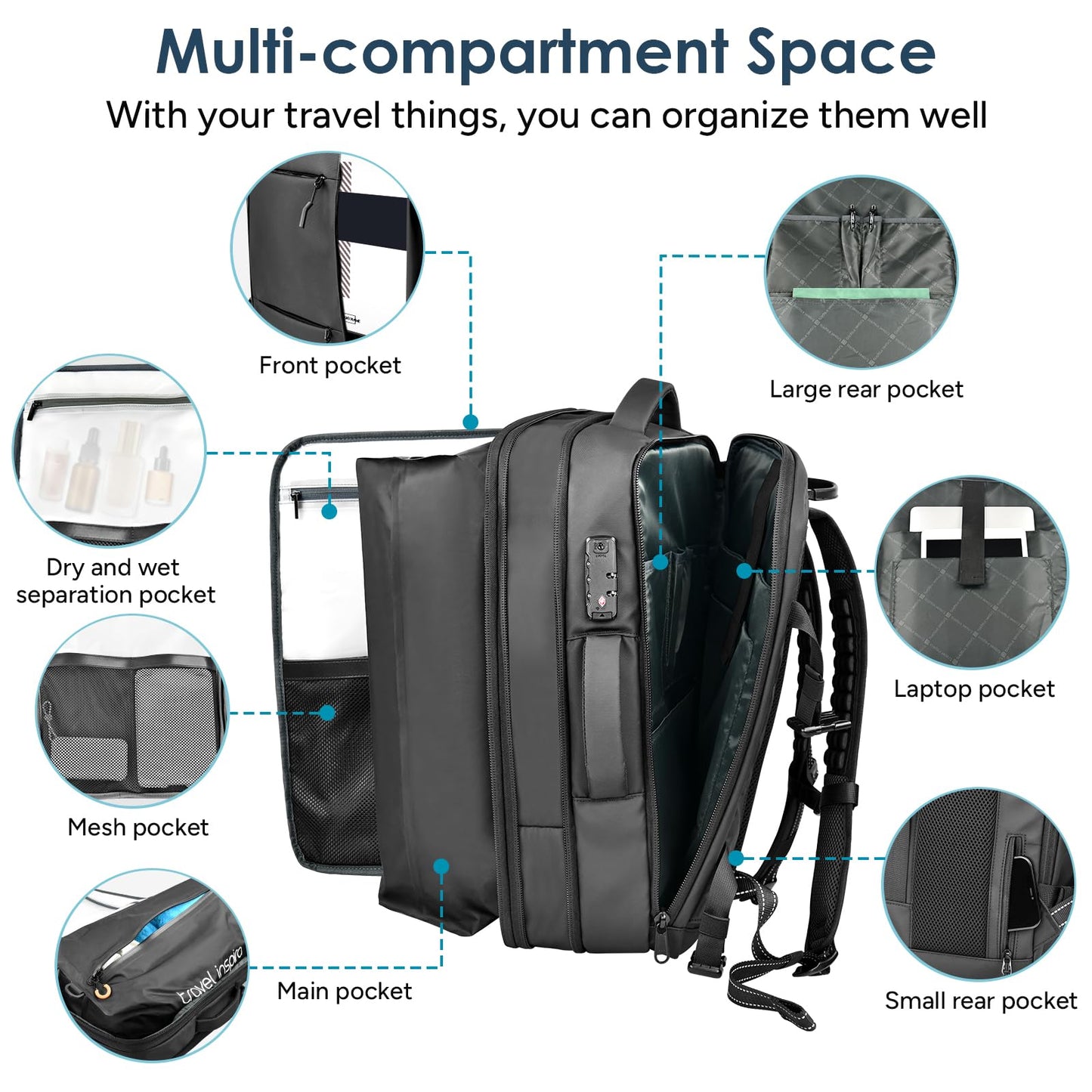 travel inspira Vacuum Compression Backpack 65L, Carry On Backpack with Electric Pump, TSA Lock, Water Resistant, Laptop Compartment for Travel, Camping, Business, Weekend Trips