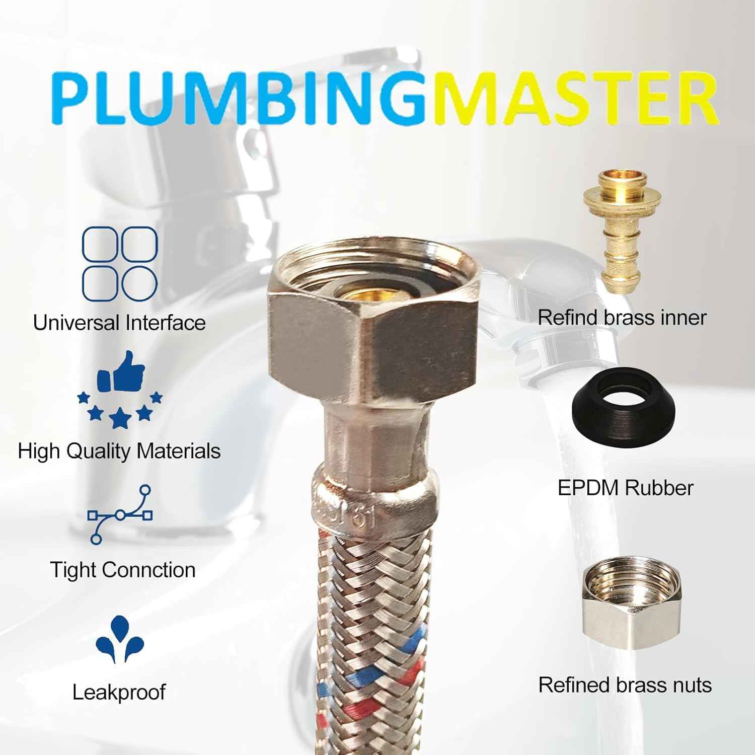 PLUMBINGMSTER 72" Faucet Hose Connector, 3/8" Comp x 1/2" FIP Braided Stainless Steel Faucet Water Supply Lines for Bathroom Kitchen Sink Faucet 2Pcs