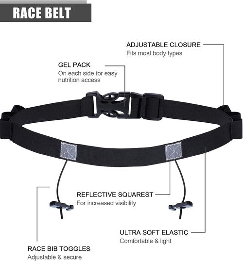 JOVITEC Race Number Belt - 2 Pack with 6 Gel Loops for Running, Cycling & Triathlon