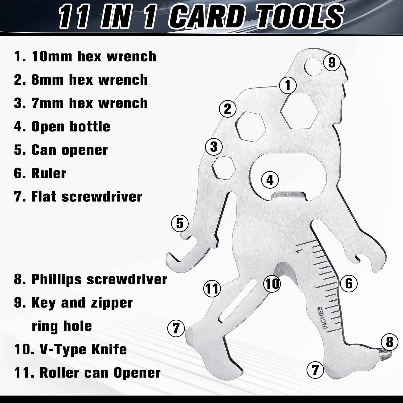 Cholemy 12 Pcs Credit Card Tool Novelty Christmas Stocking Stuffer Wallet Multitool Edc Gadget Friendship Bigfoot Sasquatch Elephant Gift Small Hand Carabiners Tool for Men Birthday(Ape-man,Silver)