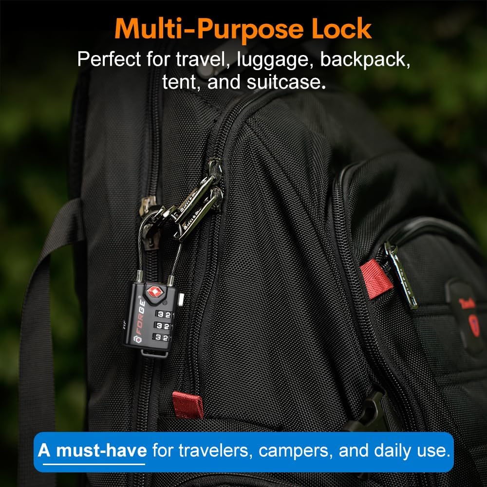 Skiennix TSA Approved Cable Luggage Locks - Re-settable Combination, Durable Alloy Body | Black, Set of 2