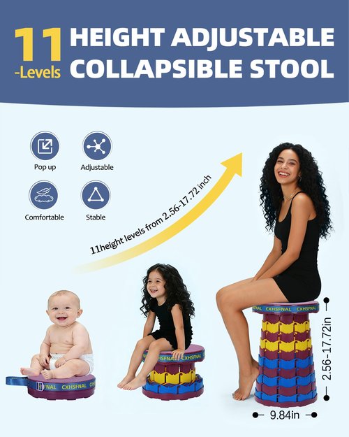CXHSFNAL Upgraded Collapsible Stool Portable Folding Stools,Retractable Seat or Foot Rest,Foldable Camping Stool for Outdoor Fishing Backpack Gardening Travel BBQ -Max 400lbs (Black)