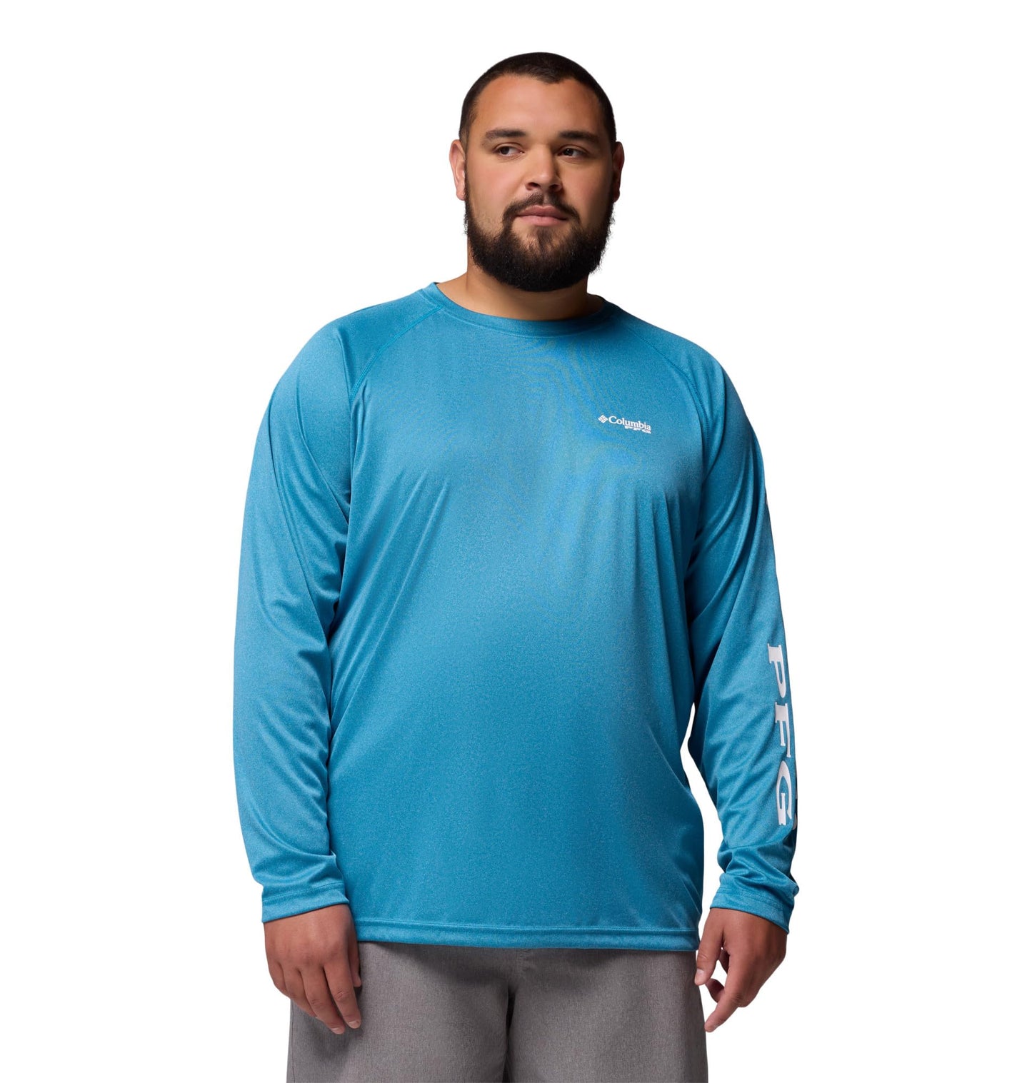 Columbia Men's PFG Terminal Tackle Long Sleeve Fishing Shirt, Blue Echo Heather/White Logo, 5X