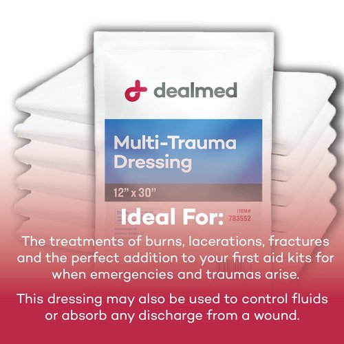 Dealmed 12" x 30" Multi-Trauma Dressing – Sterile Emergency Oversized Pad, Superior Absorbency, Protection and Padding, Wound Care Product for First Aid Kit (Pack of 10)