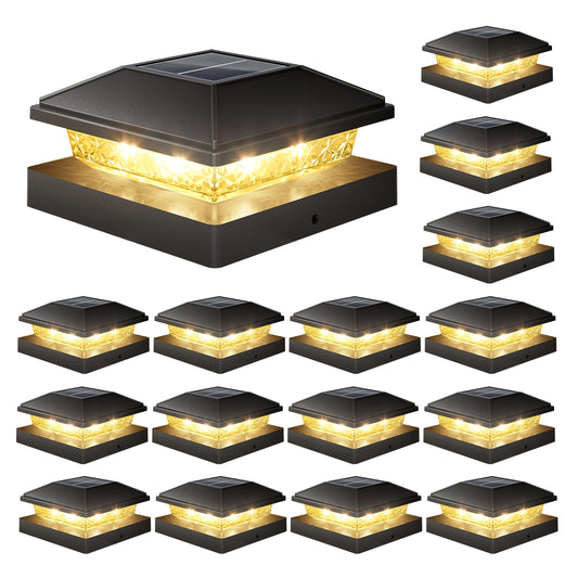 VOLISUN 4x4 Solar Fence - Post Cap Lights 16pack Outdoor Waterproof, Black Deck Post Cap Light with Warm White,for 4x4 Wooden/4x4 Vinyl