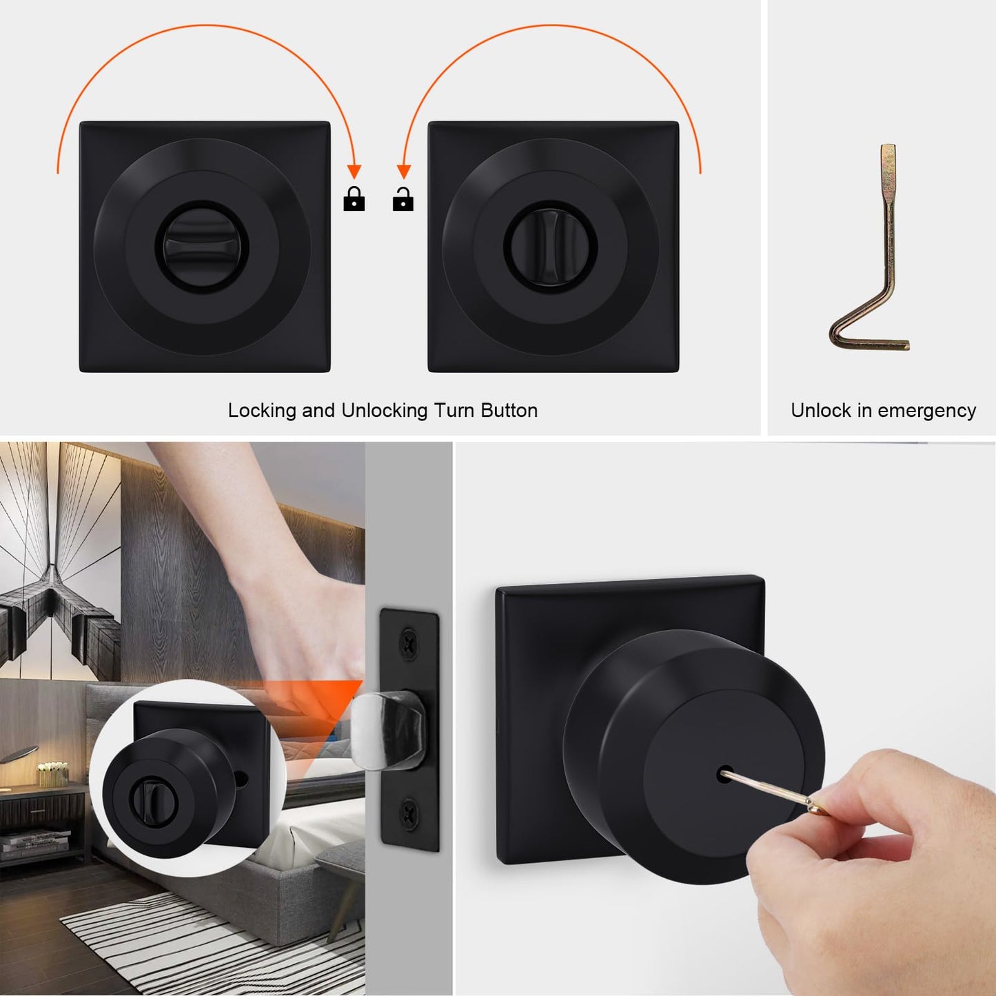 Haidms 8 Pack Black Door Knobs Interior, Privacy Door Knob for Bedroom Bathroom, Matte Black Modern keyless Doorknobs with Square