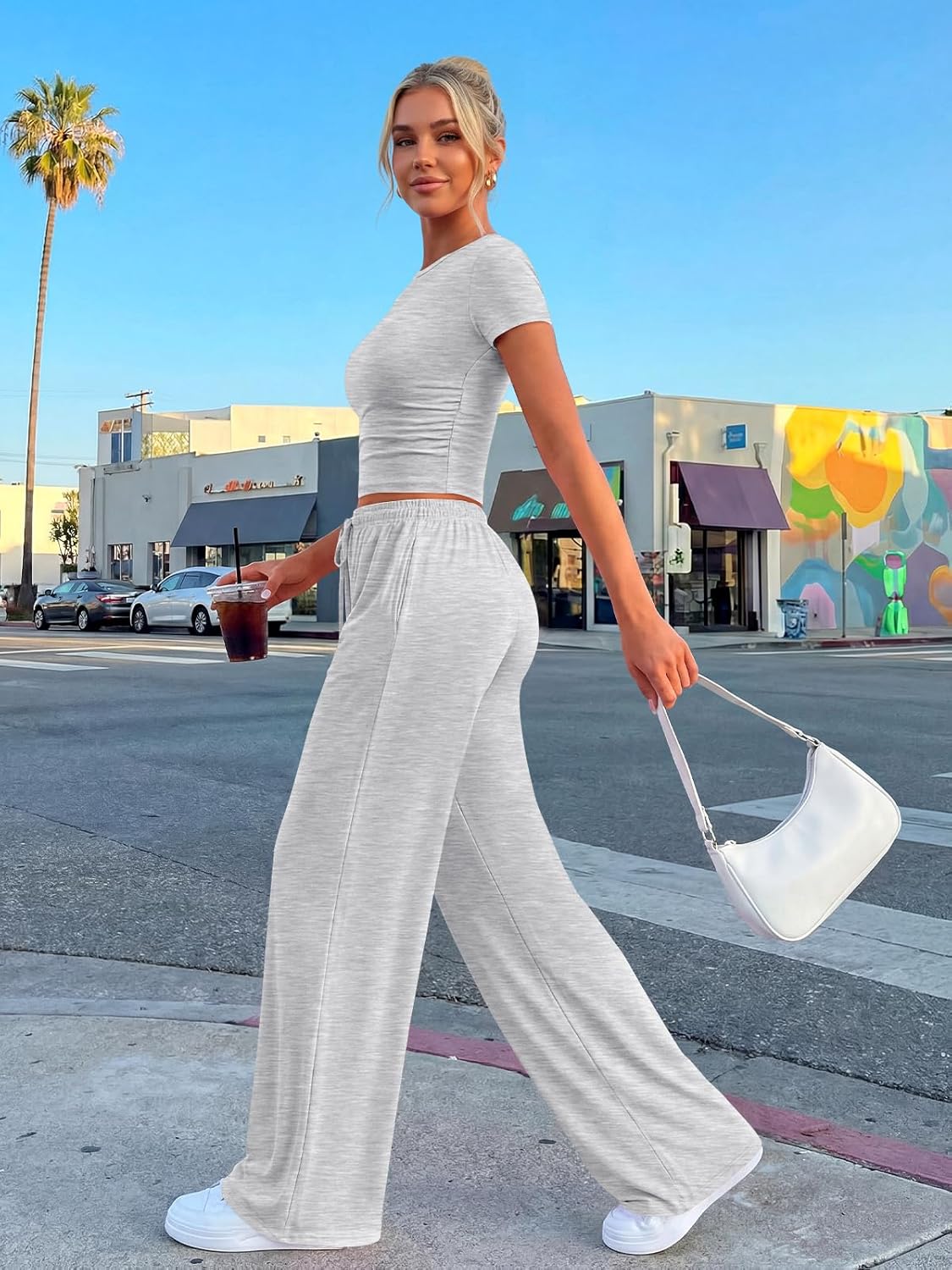 Trendy Queen 2-Piece Summer Sweatsuit Set - Women's Side Ruching Top & Wide Leg Pants with Pockets