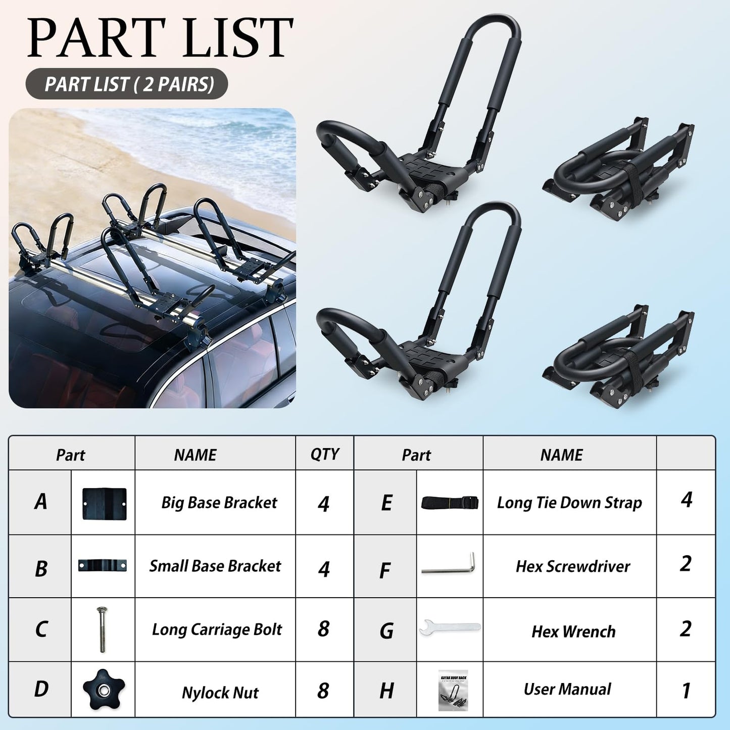 SUDOO Folding Kayak Roof Rack 2 Pairs 4pcs Foldable J-Bar Heavy Duty Kayak Carrier Universal Fit for Square Oval Factory Crossbars for Kayaks Canoes Surfboards Ski Boards