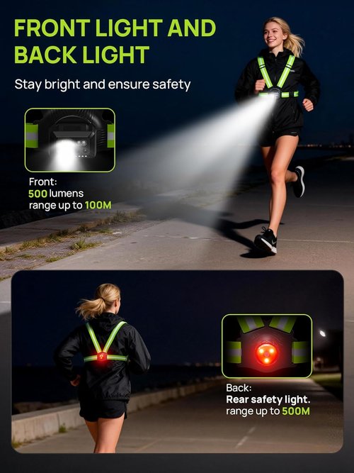 Acso Running Light - 500 Lumens Rechargeable Gear with 360° Reflective Vest | IPX5 Waterproof for Night Activities
