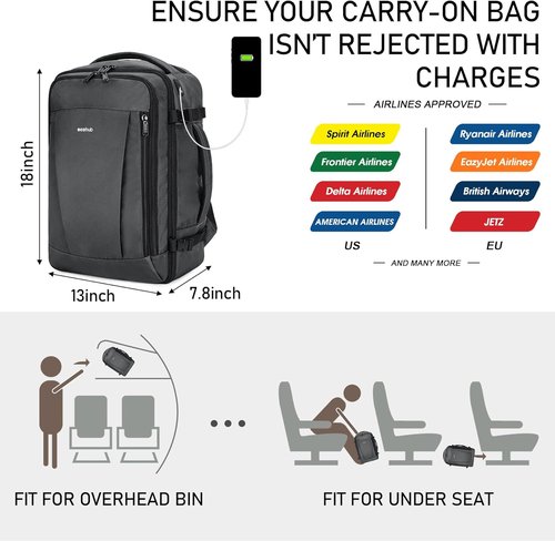 ECOHUB Travel Backpack - Airline Approved Personal Item Bag | Waterproof Large Daypack with 13 Pockets - Light Grey