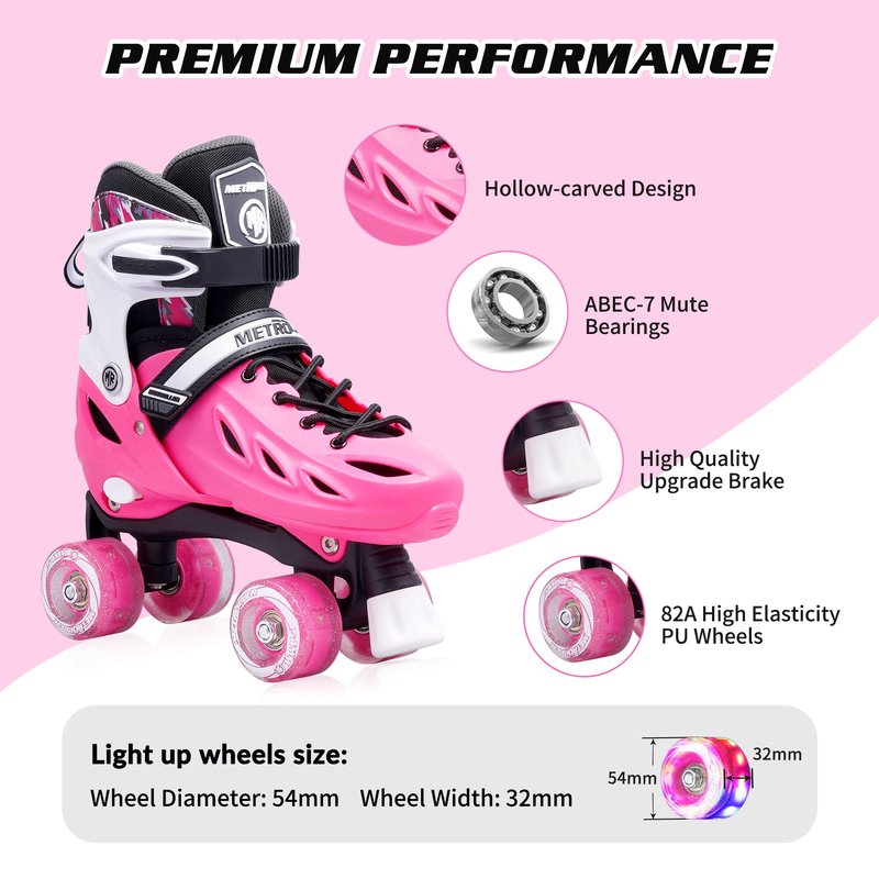 METROLLER Roller Skates for Girls Ages 5-8 8-12 and Boys Teens, Adjustable 4 Sizes for Kids Toddler Rollerskates with Light up Wheels, for Women (Rose, Large-Youth & Adult (4-7 Men/5-8 Women))