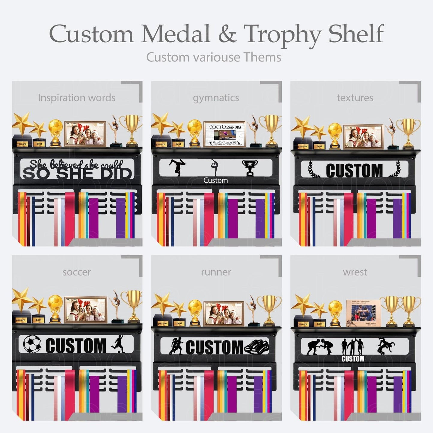 Personalized Medal Holder - Custom Name Display Rack for 63 Awards Ribbons | Metal Wall Mount Hanger for Athletes