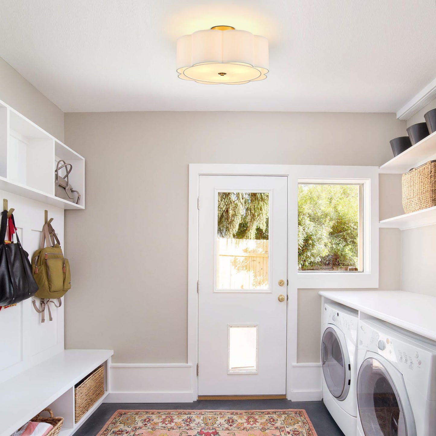 Widluth Modern Semi Flush Mount Ceiling Light 18" Modern Gold Drum Ceiling Lighting Fixture with Linen Shade Vintage Ceiling Lamp for Living Room, Bedroom, Kitchen, Dining Room, Hallway, and Entryway