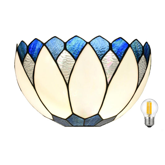 HomeBeauty WL0006 Blue White Lotus Tiffany Style Wall Sconce Stained Glass Wall Light Fixtures for Hallway Stairway Bedroom Livingroom, 12 Inches Wide(Blue White)