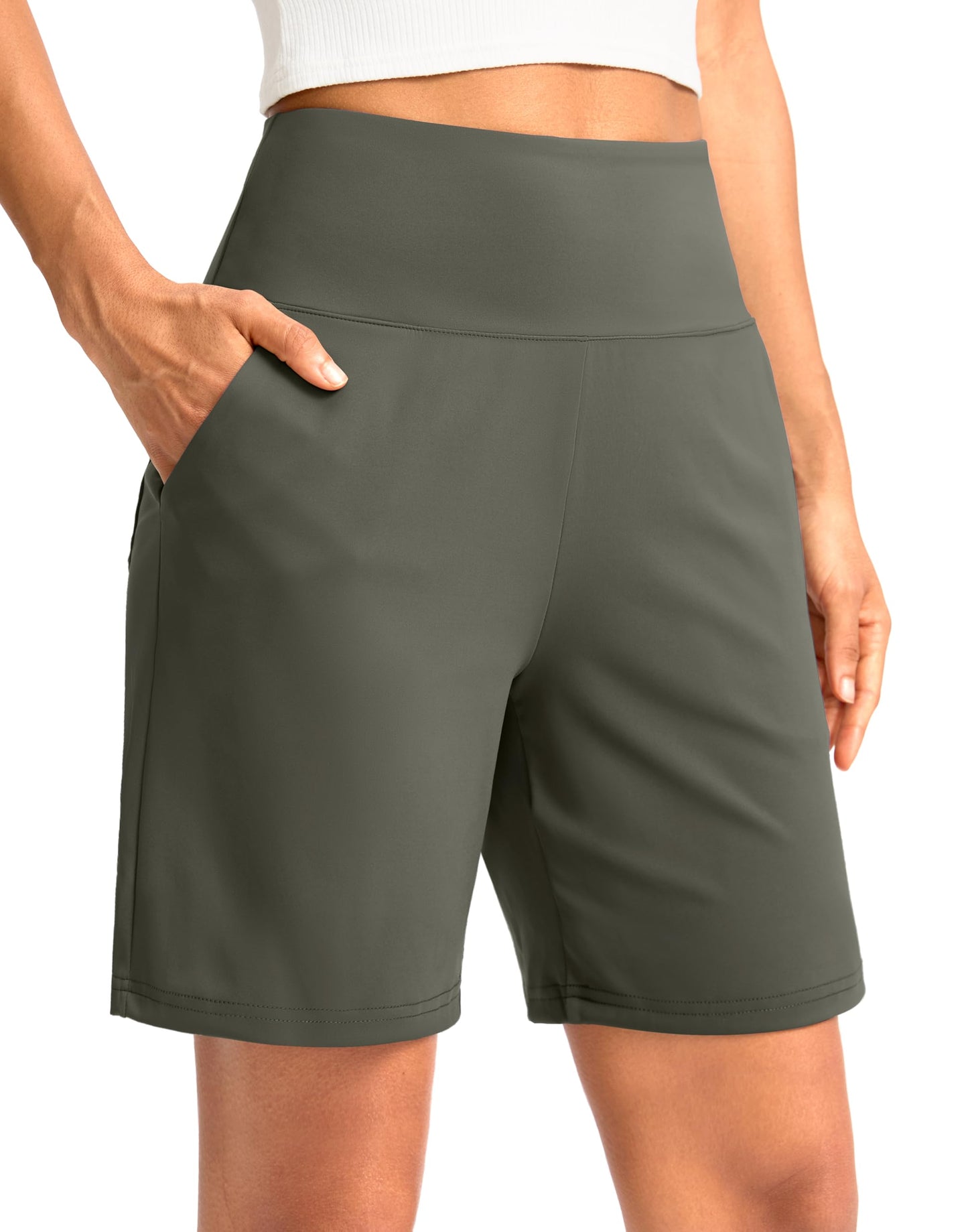 G Gradual Women's Bermuda Long Shorts with Pockets 7" High Waisted Knee Length Shorts for Women Walking Athletic Workout(Grey Sage-L7,3XL)