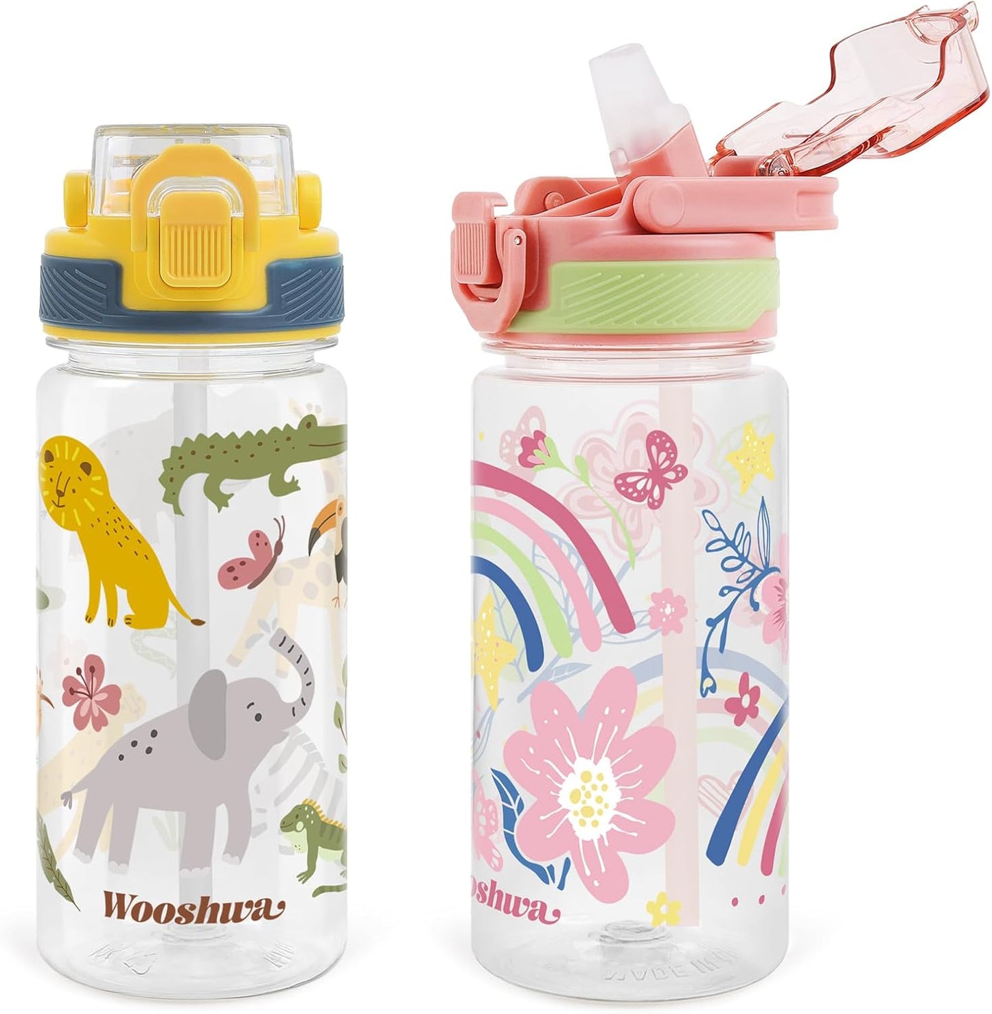Skiennix Kids Water Bottle - 16 Oz BPA-Free Plastic with Silicone Spout & Pop-Up Cover | Woodland Animals/Flower