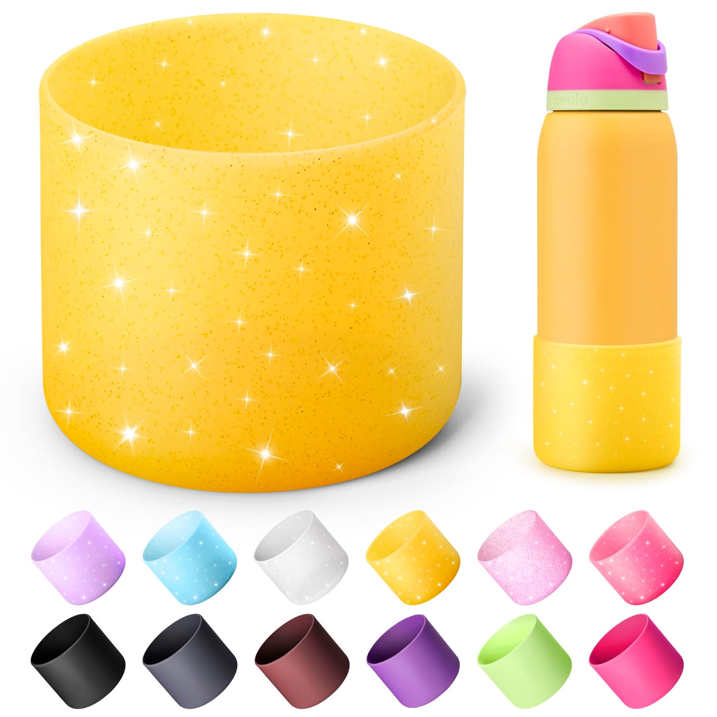 Diumepo Silicone Water Bottle Boot for Owala 40 oz, Anti-Slip Protective Sleeve for Owala Twist & FreeSip & Flip Stainless Steel Water Bottle, Boot Bottom Base (Glitter Yellow)