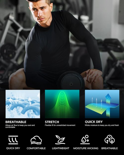 Runhit Black Compression Shirt Men Long Sleeve Turtleneck Workout Tops Athletic Sports Undershirts for Football Running