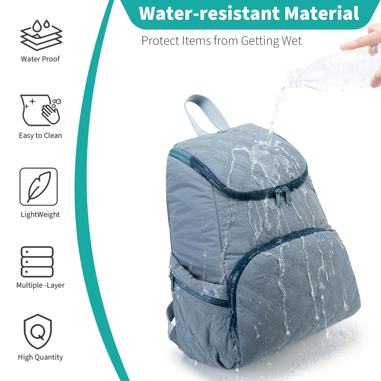 NOL Natural Organic Lifestyle Women's Quilted Puffer Backpack, Large Waterproof Lightweight Puffy Bookbag, Carry on Daypack for Travel, Work (Dusty blue)