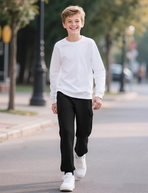 Auranso Boys Sweatpants Kids Athletic Cargo Pants Causal Joggers Workout Clothes with Pocket Drawstring Black 13-14Years