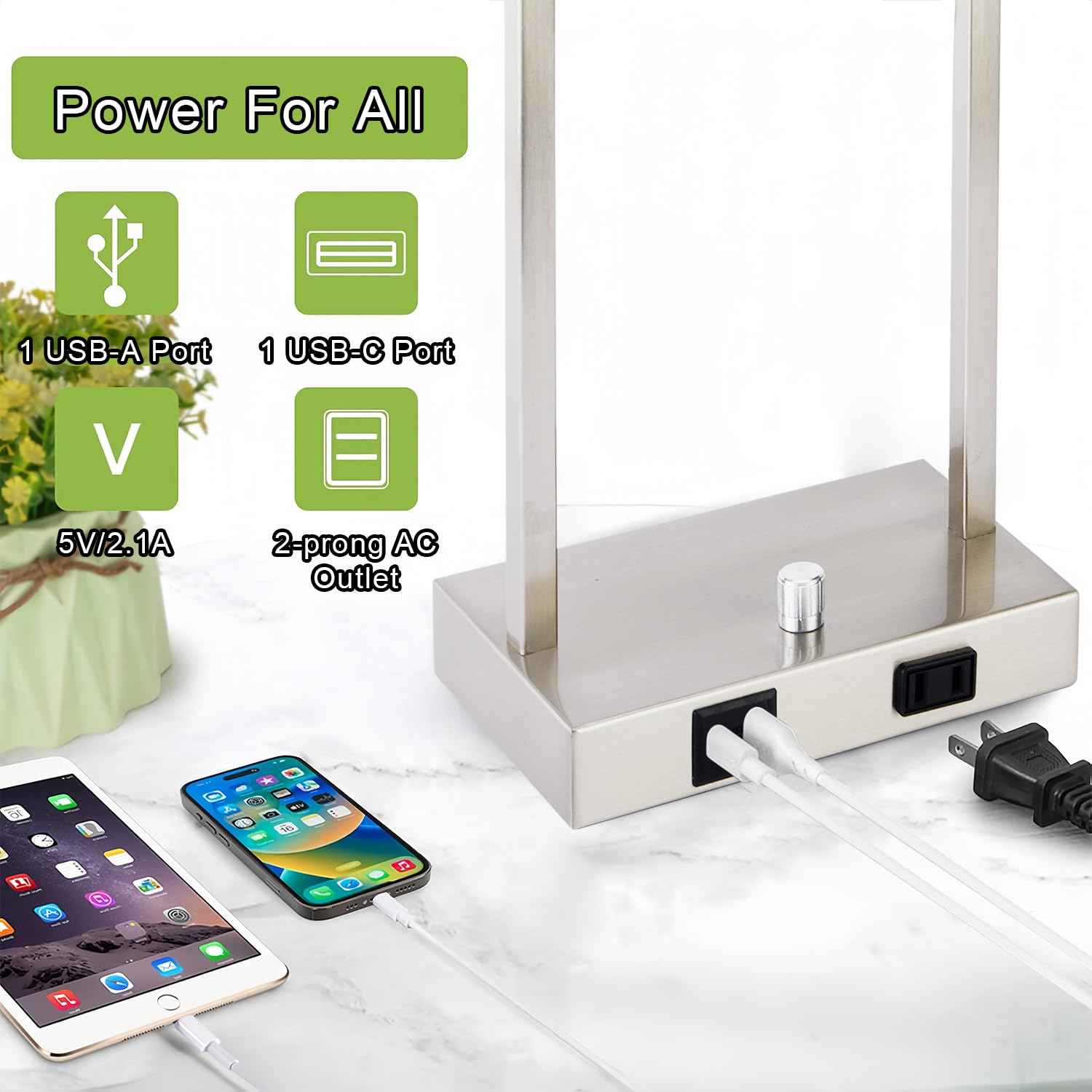 16" Set of 2 Nickel Industrial Table Lamps with USB A+C Charging Ports and AC Outlet, Fully Stepless Dimmable Bedside Lamps with Seeded Glass Shade for Bedroom Living Room Office, LED Bulbs Included