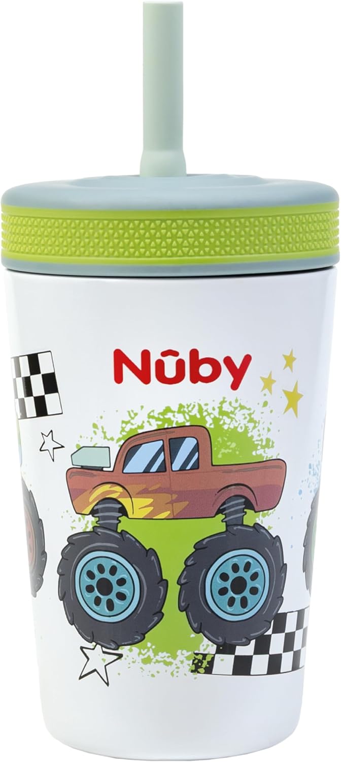 Nuby Insulated Toddler Cup - 12 oz Stainless Steel with Silicone Flex Straw - Leak-Resistant | Monster Trucks