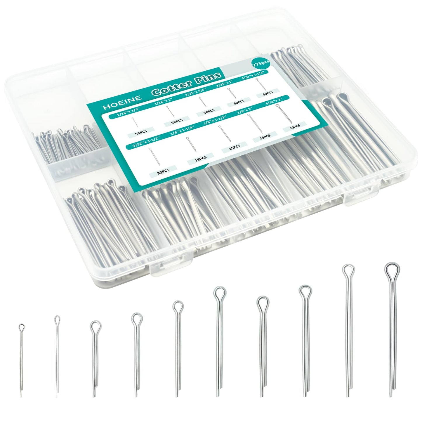 Hoeine Cotter Pin Assortment Kit, 275pcs Hardware Pins 10 Sizes Stainless Steel Cotter Pins for Mower, Tractor, Motorcycle, Boat, Vehicle, etc.