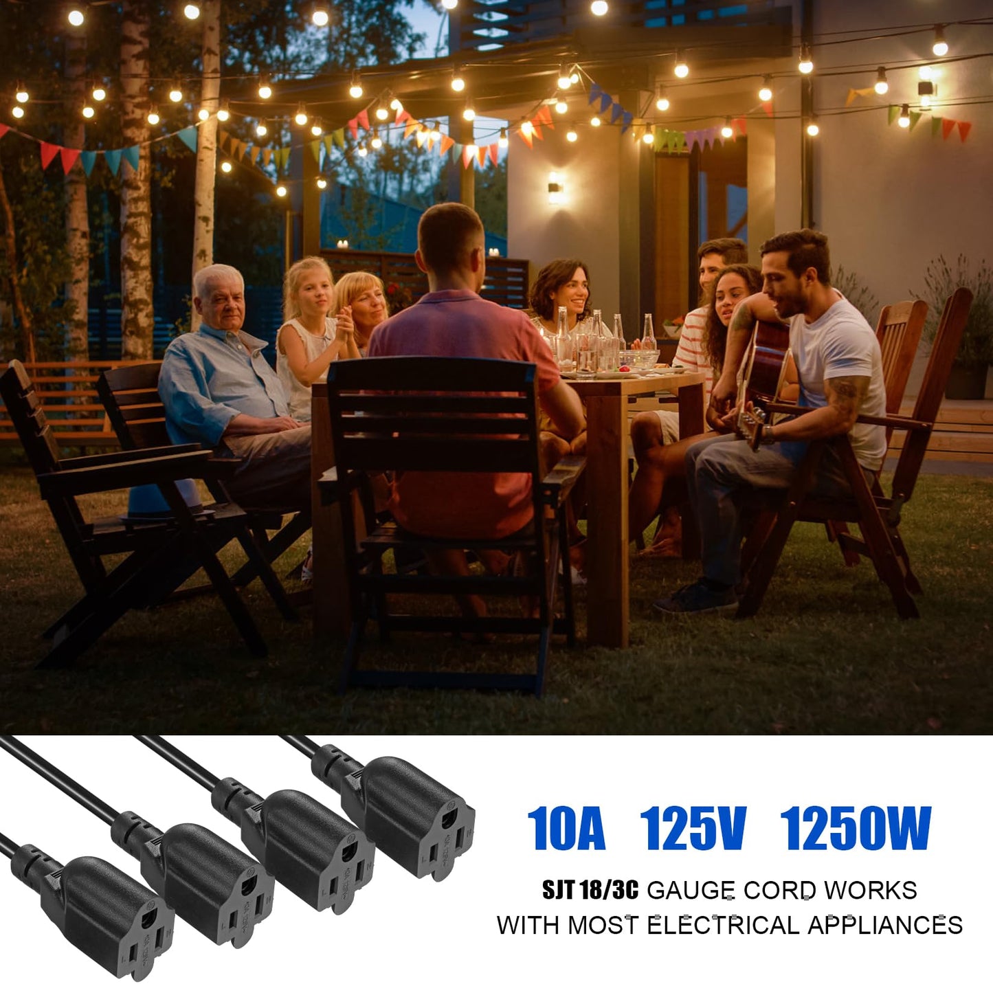 VSEER 4 Outlet Power Cord, NEMA 5-15P to 5-15R 3 Prong 1 to 4 Y Splitter US AC Male and Female Power Cable SJT 16AWG Outlet Saver, 4 Way Extension Cord Splitter Black, 20 Inch (1 Pack)