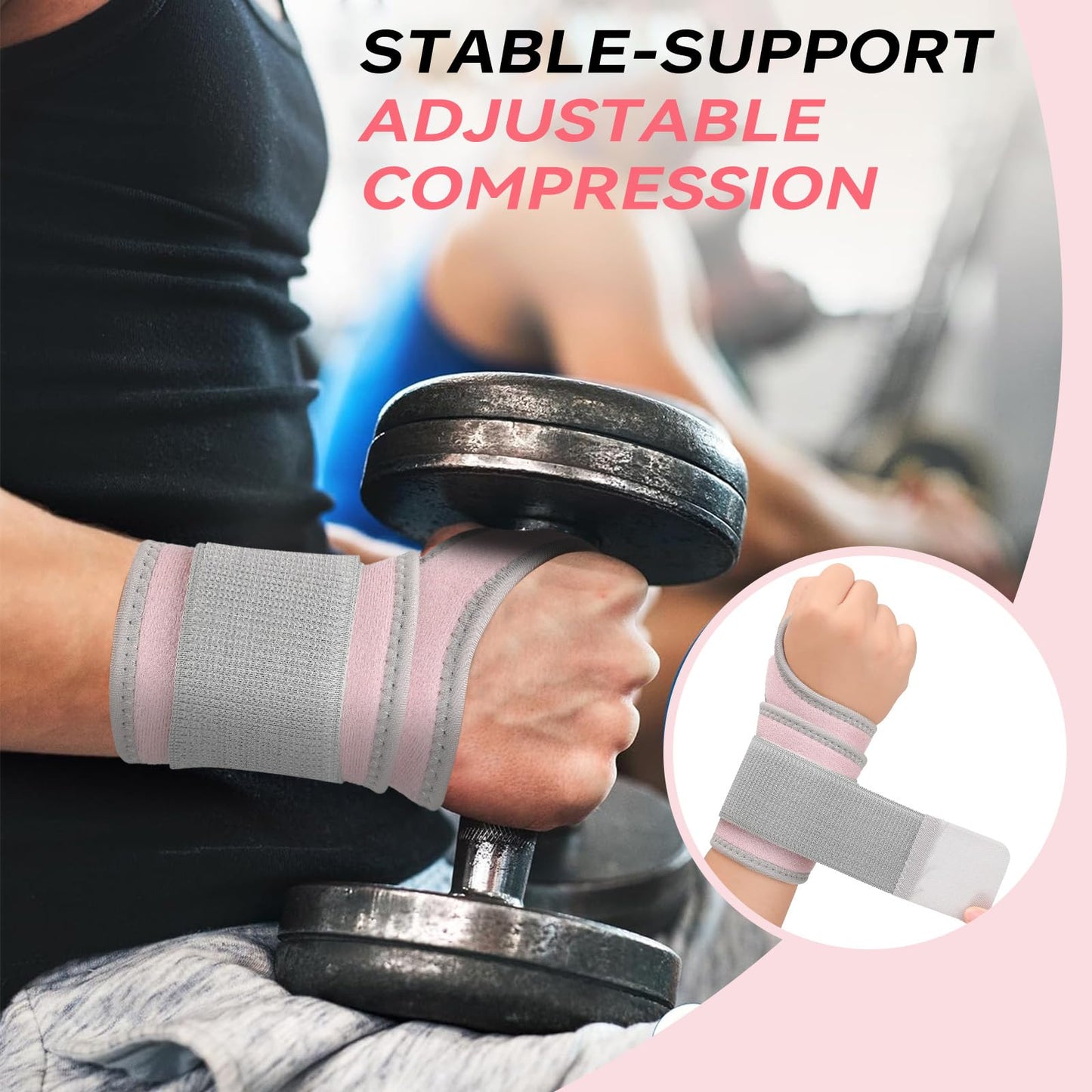 Carpal Tunnel Wrist Brace for Right Left Hand 2 Pack, Wrist Support Wraps for Women Men, Adjustable Wrist Brace for Tendonitis, Arthritis, Weightlifting, Sports, Day Night Support, Pink