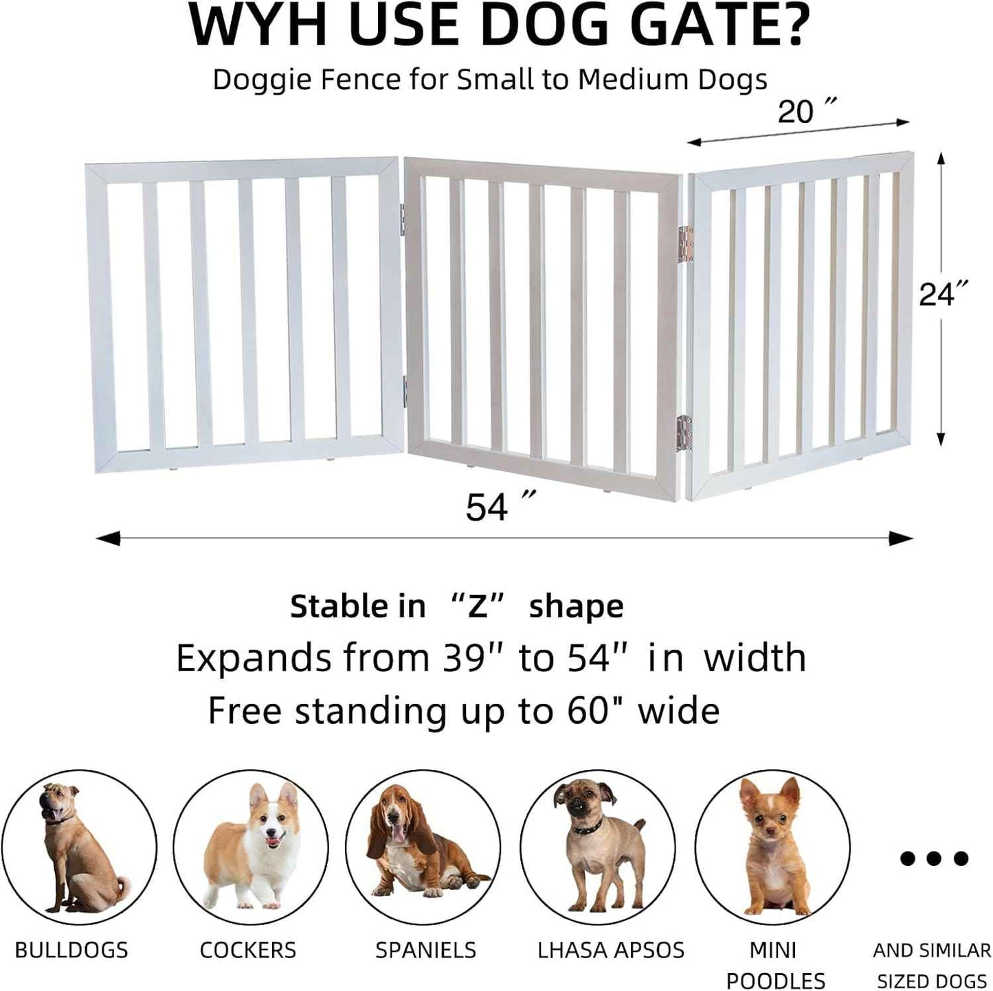 Extra Wide Freestanding Indoor Dog Gate - Foldable 3-Panel Wood Pet Barrier for Doorways & Stairs - 24” Height, White