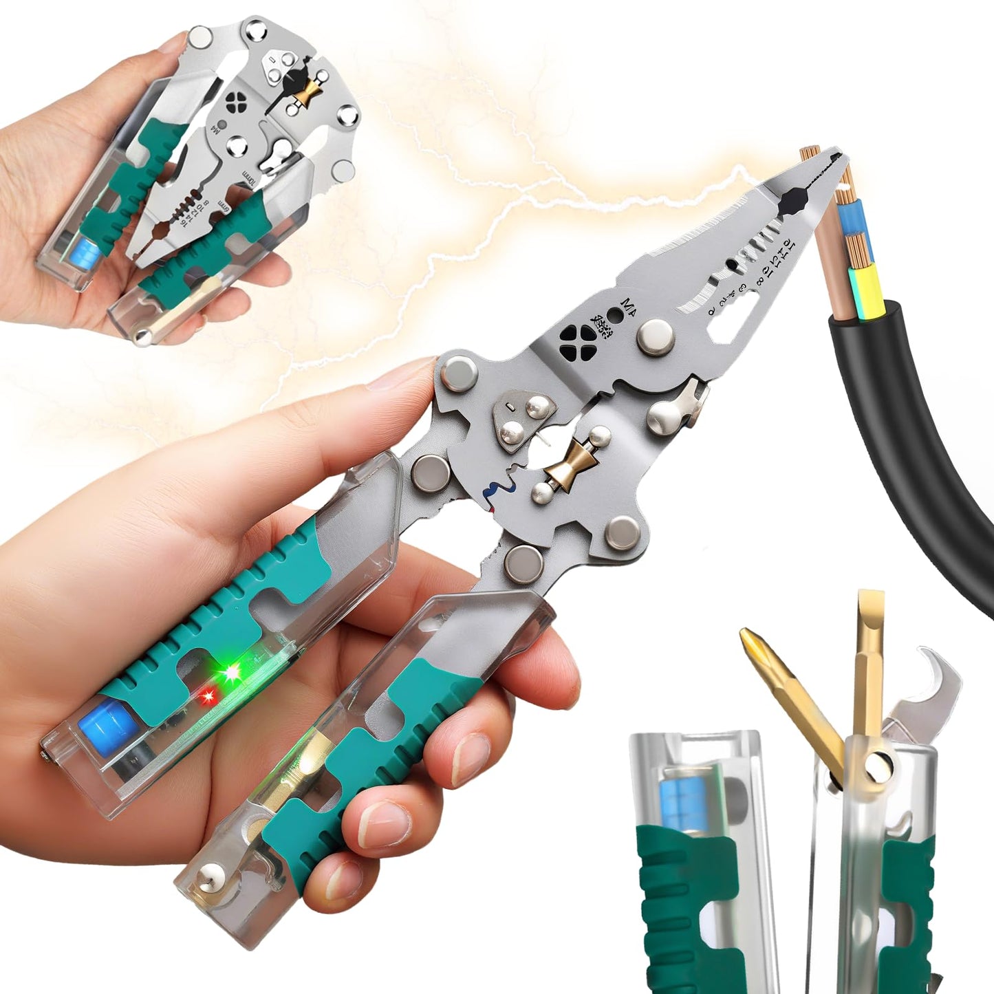Tuvilo Electrical Pliers, 2026 New 18 In 1 Foldable Ｗire Stripper, Foldable Alloy Steel Multitool with Insulated-Grip Handles Wire Stripper Cutter Built-In Voltage Tester Screwdriver (Pointed Nose-a)
