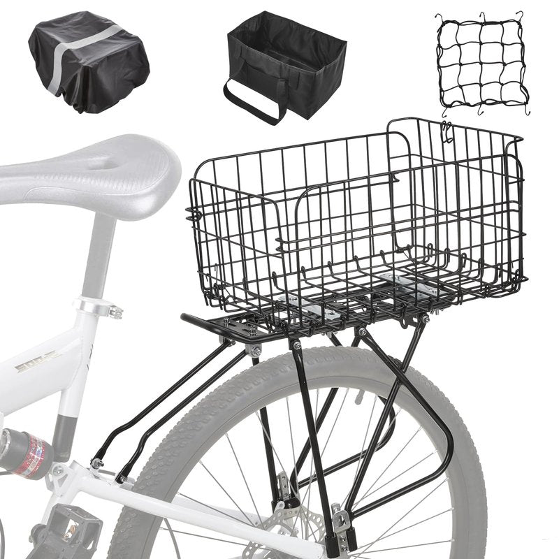 Fitense Rear Bike Rack with Basket- Bicycle Cargo Rack with Waterproof Cover, Liner and Cargo Net, Bike Storage Basket for Double - Rod axle Bikes for 26" - 29" and 700c Bikes