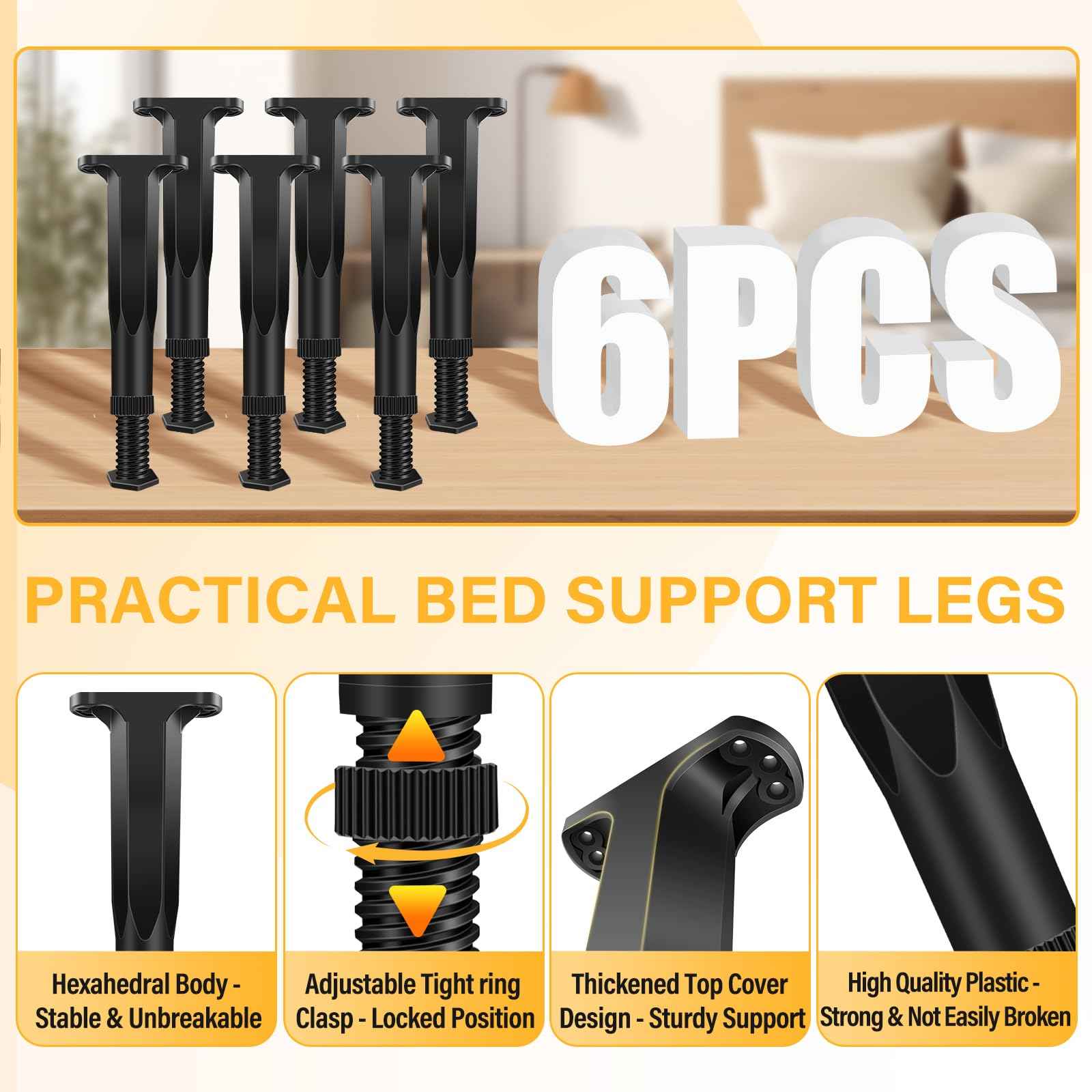6 PCS Adjustable Height Bed Frame Support Legs - 7.8-14.6inch Bed Slats Support Leg with Screws, Furniture Legs for Bed Frame/Bed Center Slat/Cabinet/Dresser/Table/Sofa/Chair, Bed Replacement Legs