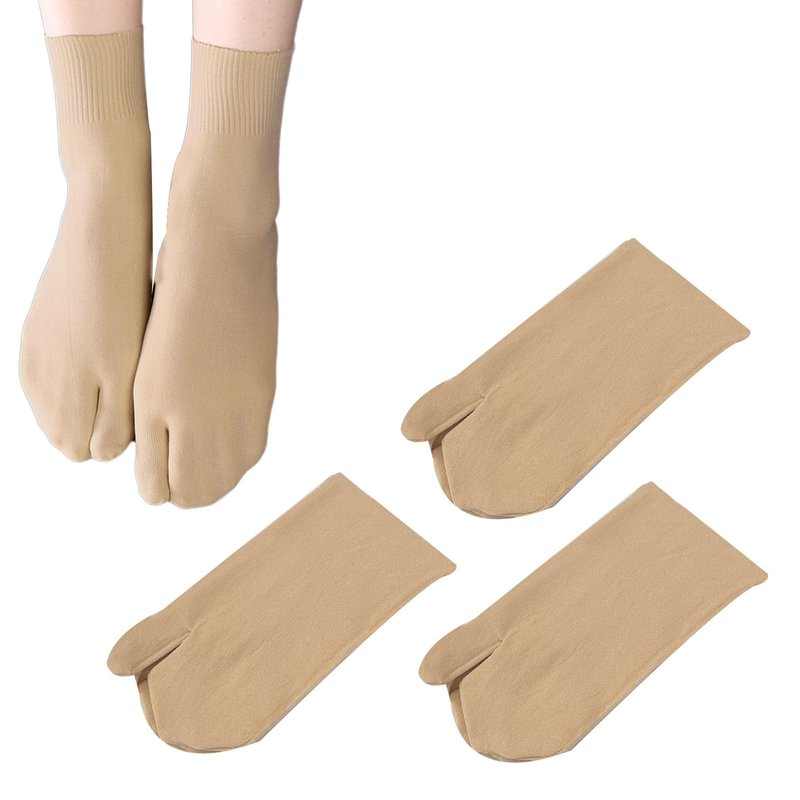 SUNTRADE 3 Pair Women Japan Tabi Socks, Split 2 Toe Sandals Thin Breathable Crew Ankle Socks for Athletic Summer Run Spring (US, Alpha, One Size, Regular, Regular, Beige)