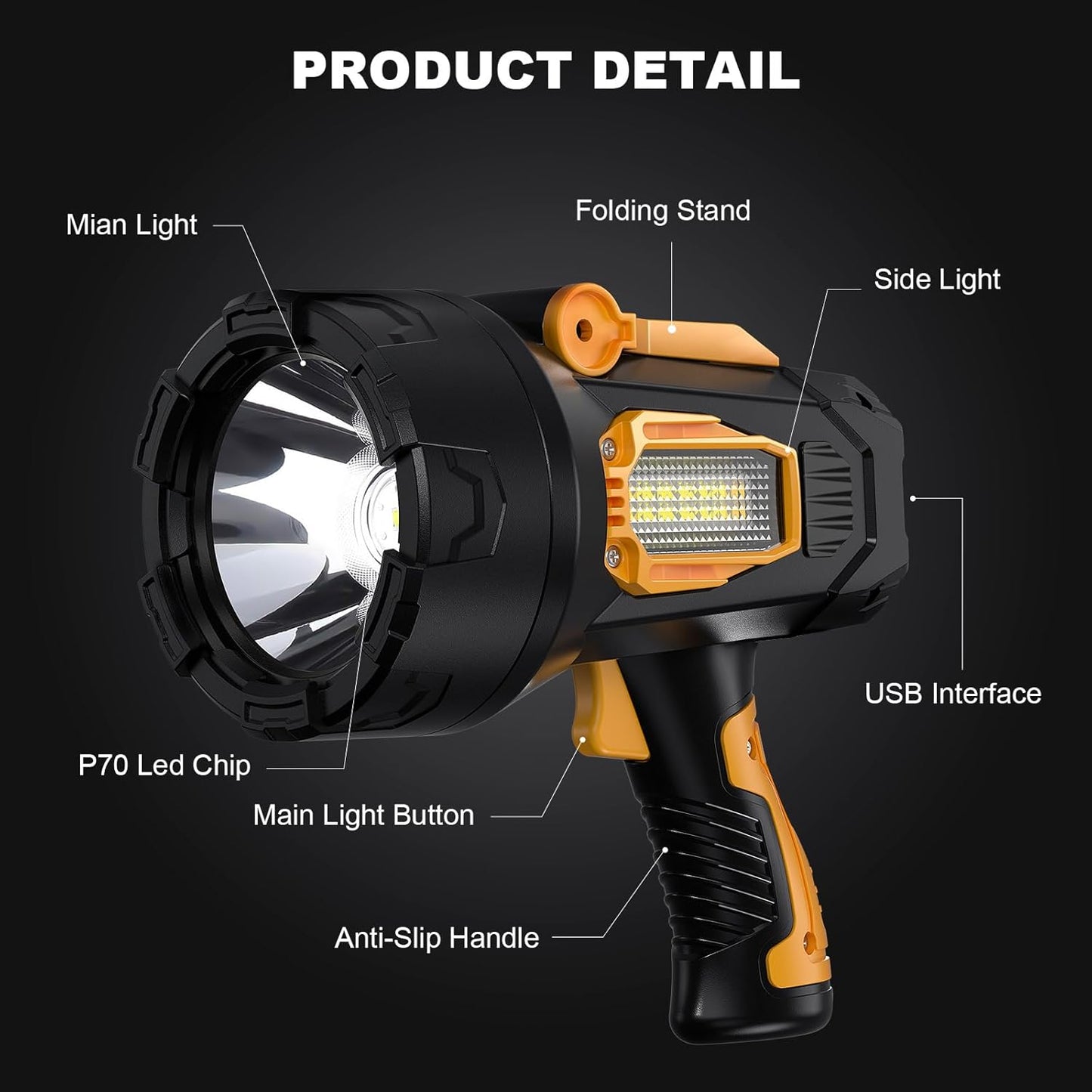 90,000 Lumens Rechargeable LED Spotlight with Tripod - Super Bright Outdoor Flashlight for Camping & Boating