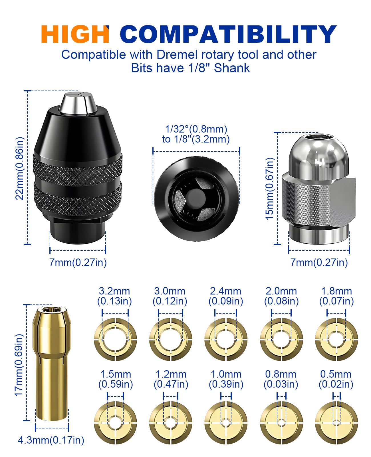 LuMuank 15Pcs Chuck Collet Set for Dremel Tool Accessories, 1/32” (0.8mm) to 1/8” (3.2mm) Shank Replacement 4486 Rotary Tool Keyless Quick Change Chuck Bit with Replacement 4485 Brass Collet Metal Nut