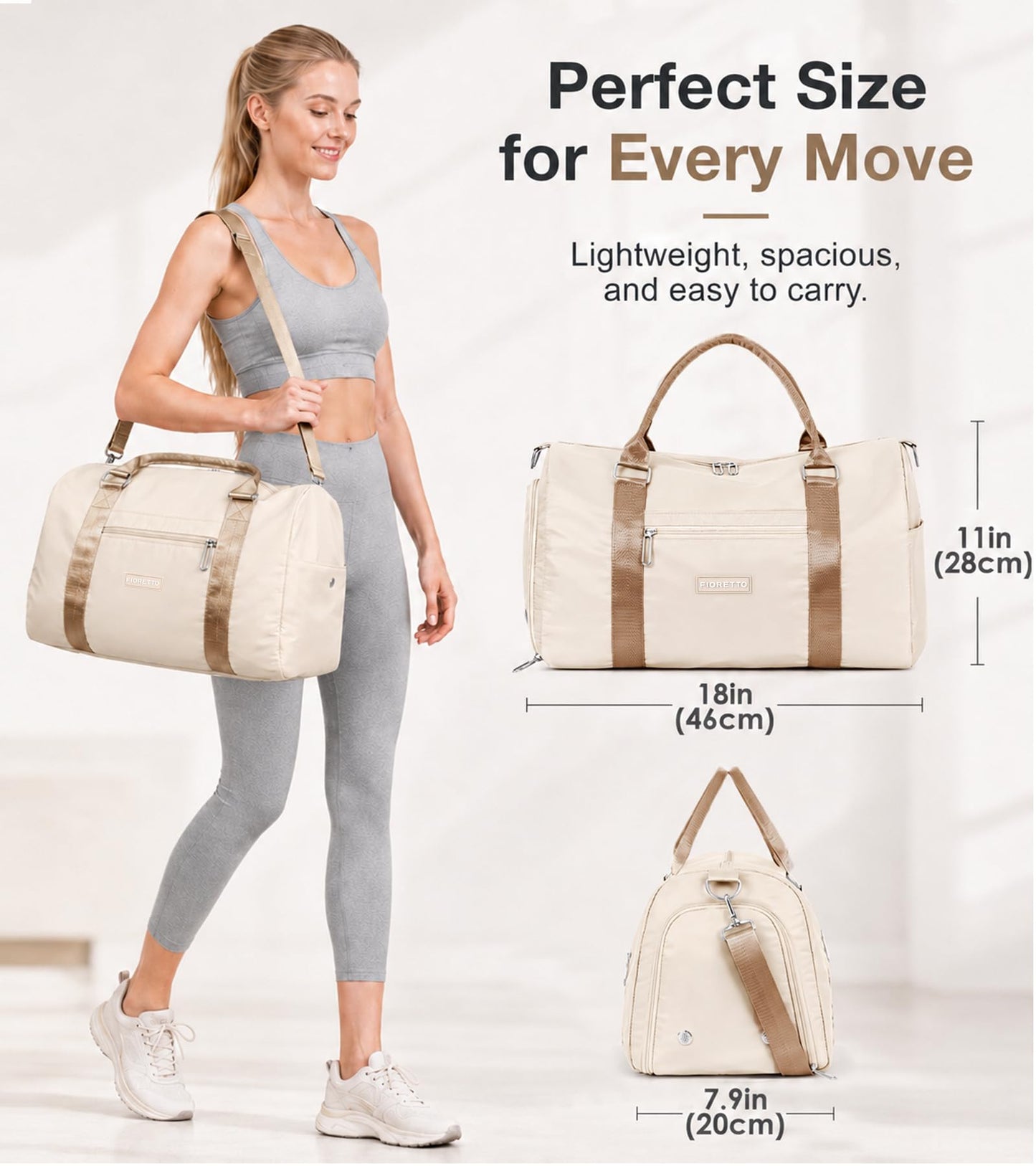 FIORETTO Womens Gym Tote Duffle Bag with Wet Pocket & Shoe Compartment, Sports Duffel Overnight Weekender Hospital Workout Carry on Bag for Girls, Ideal for Travel, Swimming, Dance, Ballet Beige