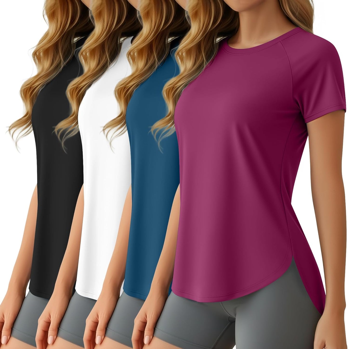 Oakgarden Women's Workout Tops - UV Protection, Quick Dry, Short Sleeve Athletic Shirts | 4 Pack