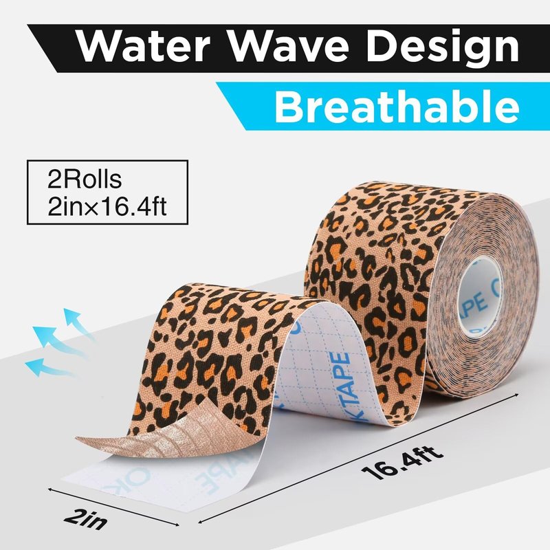 OK TAPE Hypoallergenic Digtal Printed Kinesiology Tape, Elastic Sports Athletic Tape, 2 Rolls, 2in×16.4ft Uncut Roll-Cheetah