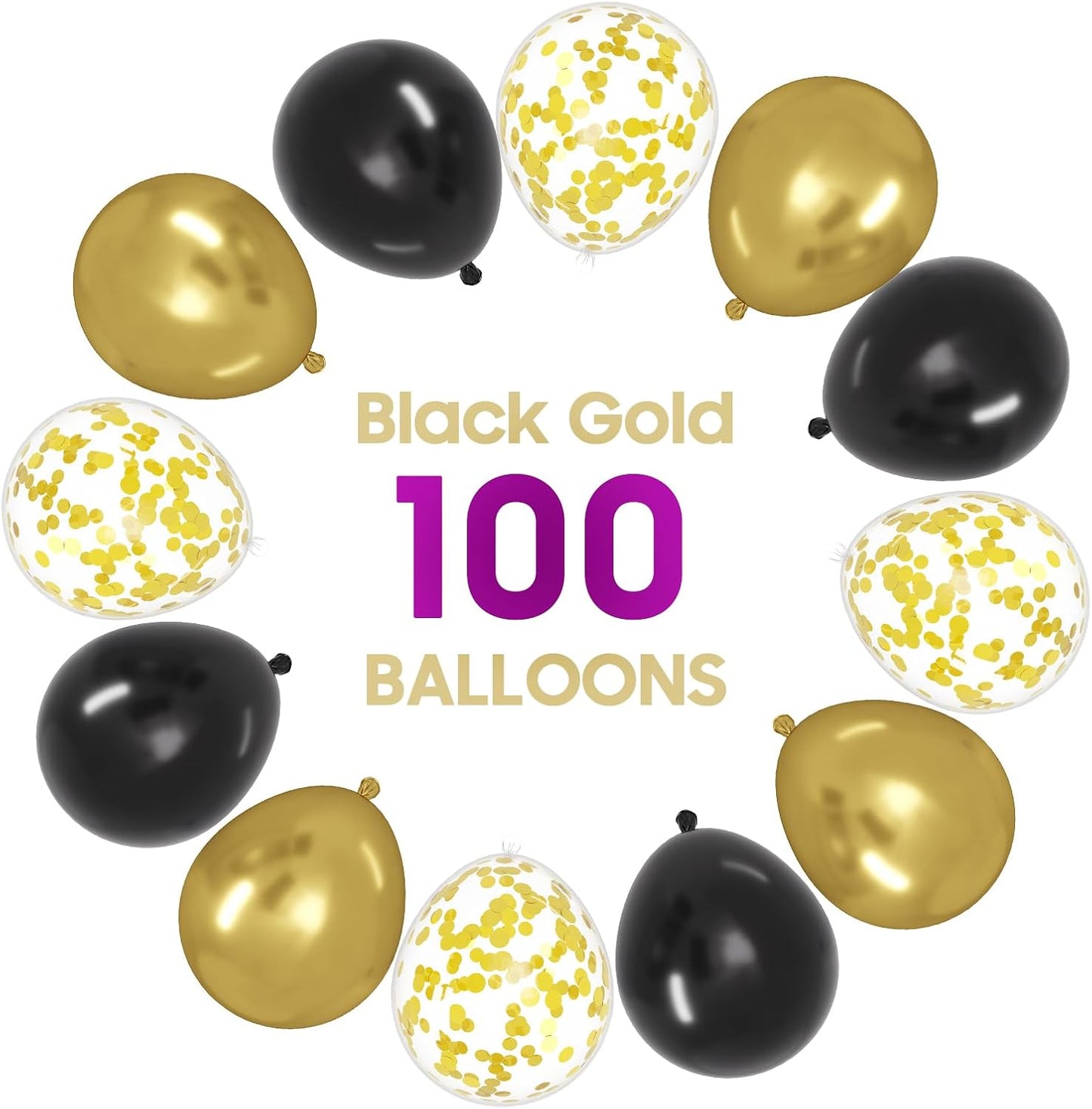 OWill Black and Gold Confetti Balloons - 100pcs 12-Inch Balloons for Birthdays, Weddings & Party Decor