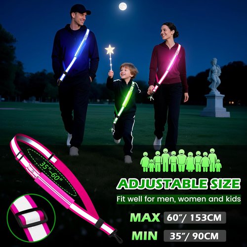 LED Reflective Belt Sash - High Visibility Rechargeable Safety Gear for Runners & Cyclists | Pink