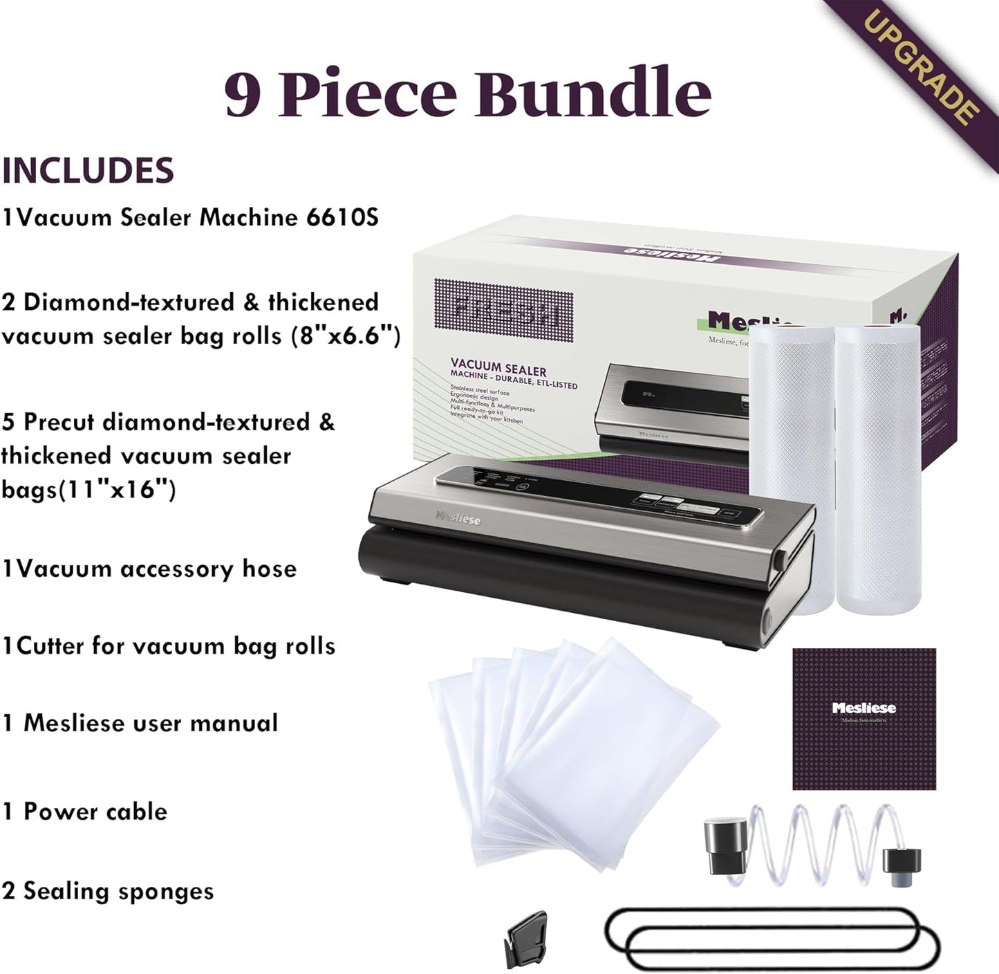 Mesliese Vacuum Sealer Machine - Powerful 90Kpa 6-in-1 Food Preservation System | Compact Silver Design with Cutter & 7 Bags