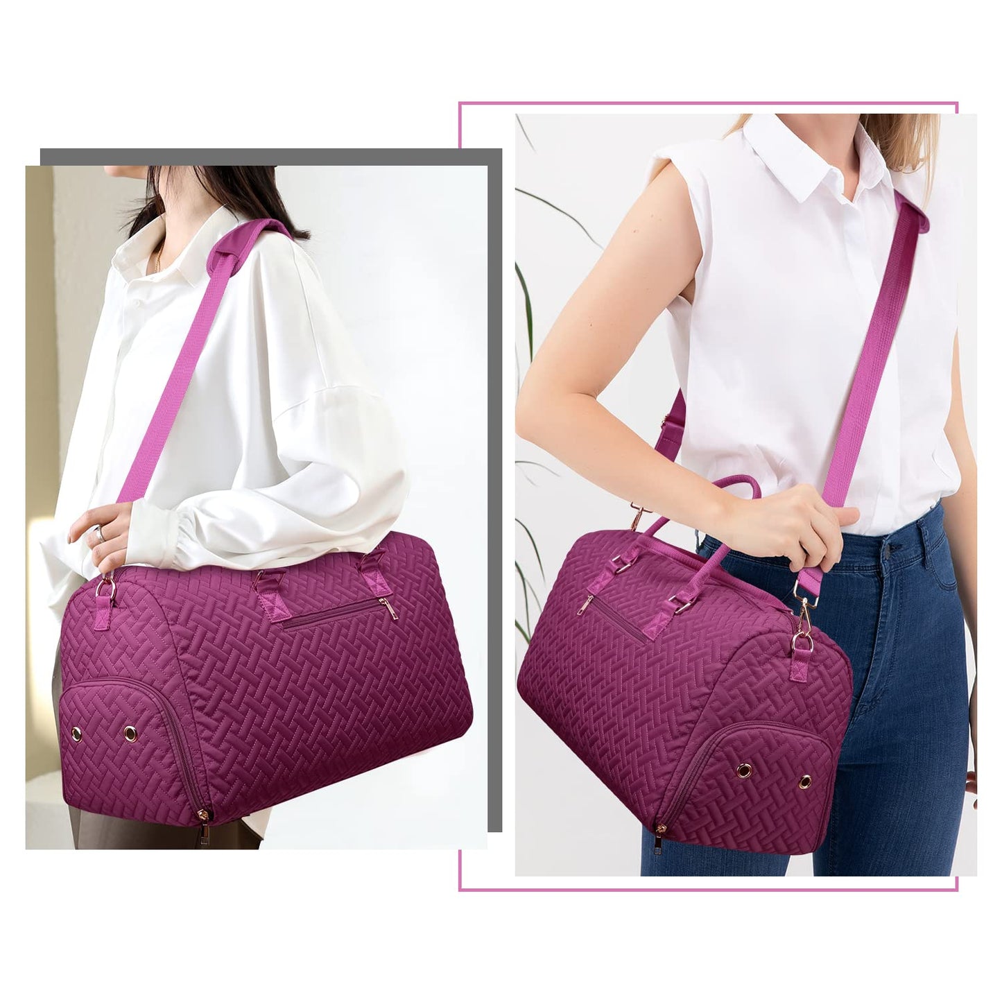 Duffle Bag for Travel, Weekender Bag with Shoe Compartment, Carry On Overnight Bag for Women with Toiletry Bag, Gym Bag with Wet Pocket, Hospital Bags for Labor and Delivery Purplish Red