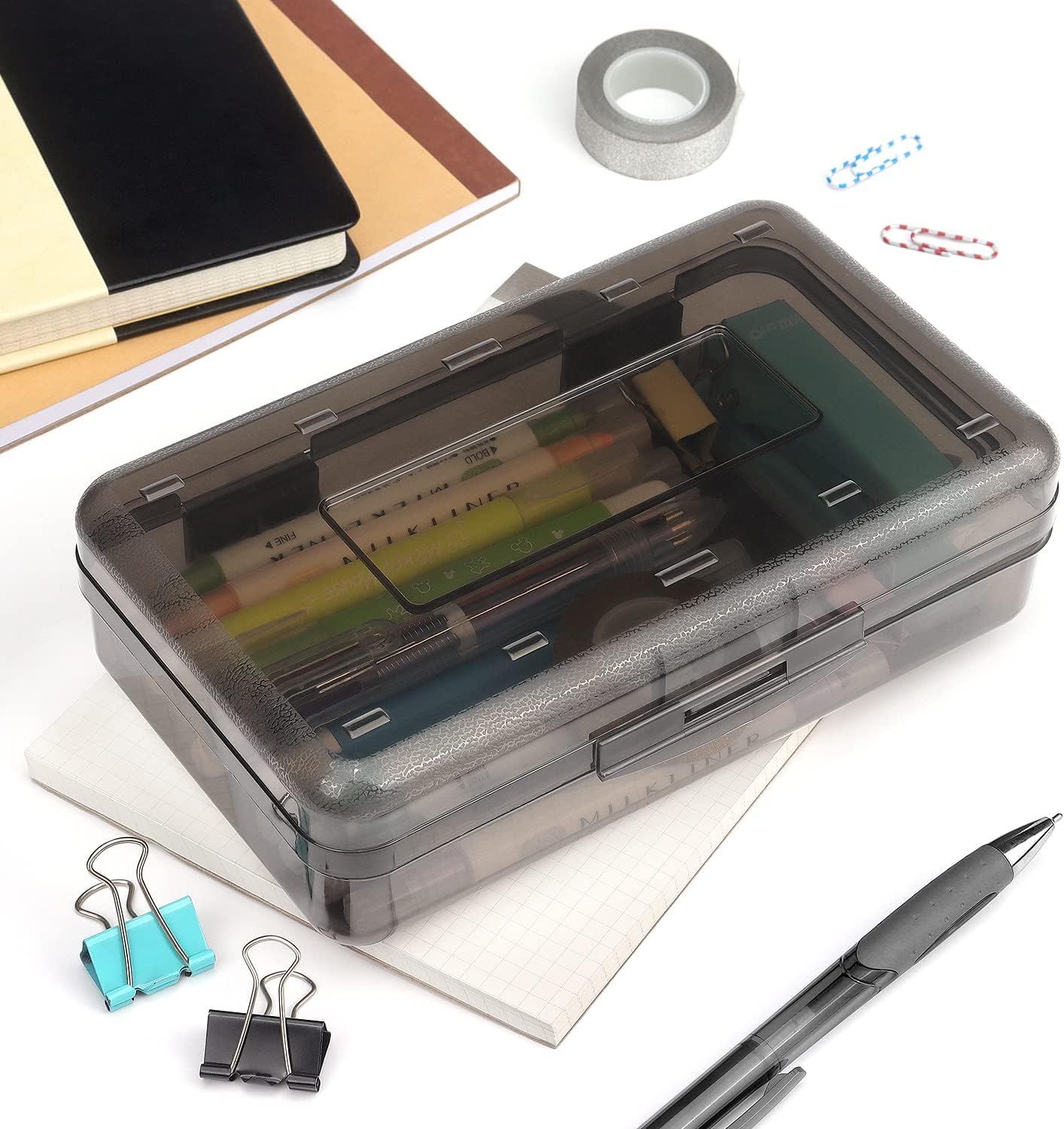 Tamaki Large Capacity Clear Pencil Box - Stylish Stackable Storage Organizer | Black
